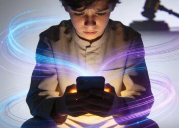 ### H1 Title: Holding Social Media Platforms Accountable: Legal Precedents and Future Challenges Jury judging addictive social media features symbolized by neon shapes, exploring legal accountability for mental health impacts.