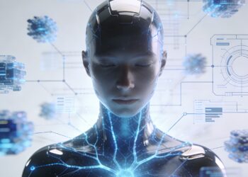 Humanoids interacting with abstract glowing security systems, symbolizing data analysis and automated detection.