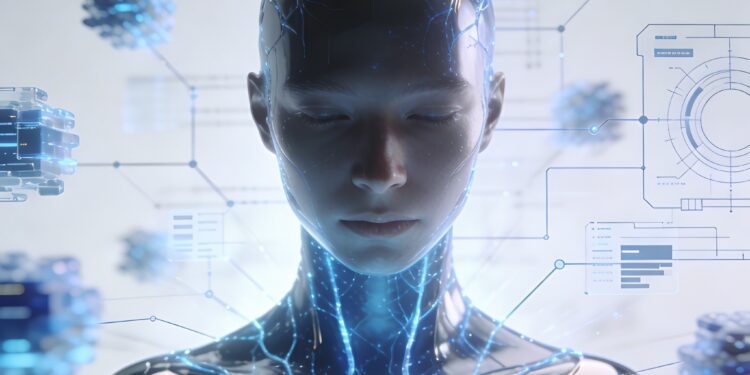 Anthropic lança Claude Mythos para detectar falhas de segurança 28 Humanoids interacting with abstract glowing security systems, symbolizing data analysis and automated detection.