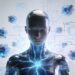 Humanoids interacting with abstract glowing security systems, symbolizing data analysis and automated detection.