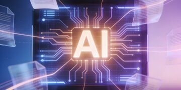 Soft 3D render of stylized figures by a glowing screen with abstract data patterns, representing tech innovation.