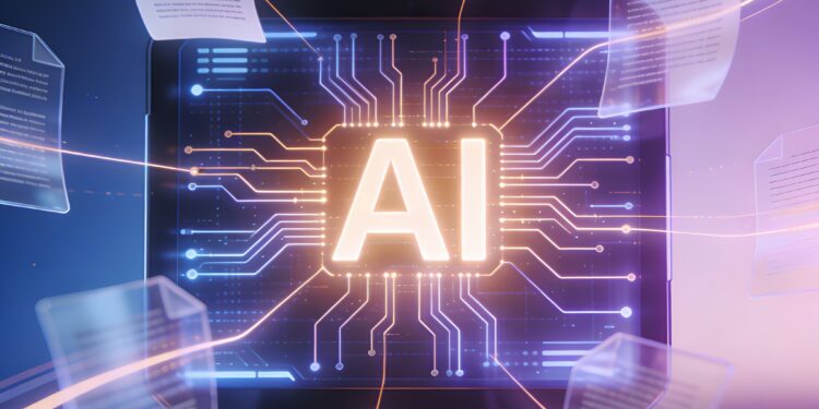 Soft 3D render of stylized figures by a glowing screen with abstract data patterns, representing tech innovation.