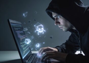 Stylized 3D figures engaging with glowing code, representing digital security and technological intrigue