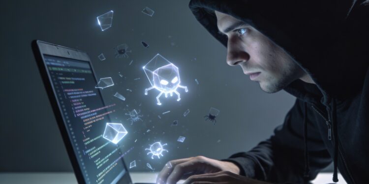 Stylized 3D figures engaging with glowing code, representing digital security and technological intrigue