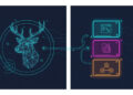 Capa — DeerFlow: framework open source da ByteDance que virou super agent. Ilustração conceitual em painel duplo HUD, com cabeça de cervo em wireframe ciano à esquerda (símbolo do projeto DeerFlow) e três containers empilhados à direita em ciano, magenta e laranja, cada um com ícone abstrato de execução (terminal, arquivo, rede). Linhas curvas conectam os painéis sugerindo orquestração. Paleta navy, ciano e magenta em estilo editorial tech, sem texto, sem logos reais, sem bandeiras, sem rostos.