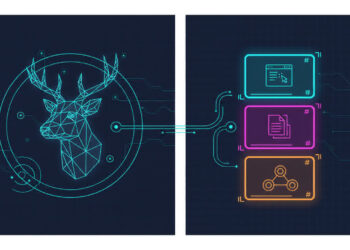 Capa — DeerFlow: framework open source da ByteDance que virou super agent. Ilustração conceitual em painel duplo HUD, com cabeça de cervo em wireframe ciano à esquerda (símbolo do projeto DeerFlow) e três containers empilhados à direita em ciano, magenta e laranja, cada um com ícone abstrato de execução (terminal, arquivo, rede). Linhas curvas conectam os painéis sugerindo orquestração. Paleta navy, ciano e magenta em estilo editorial tech, sem texto, sem logos reais, sem bandeiras, sem rostos.