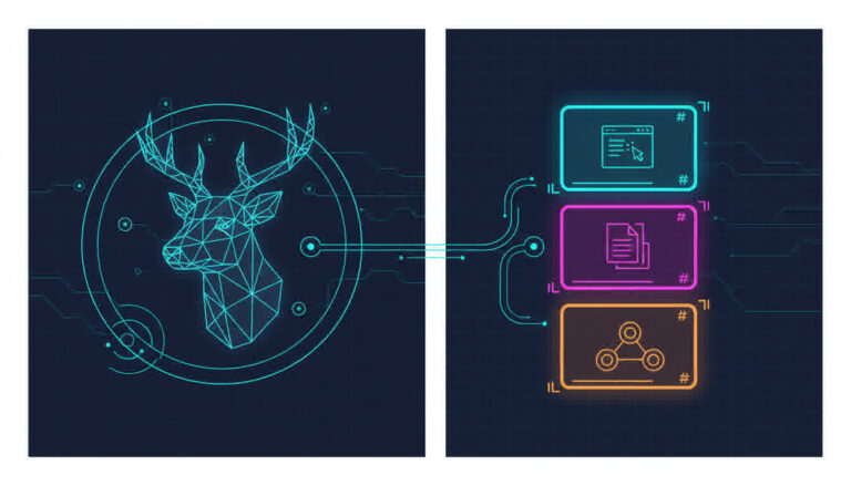 Capa — DeerFlow: framework open source da ByteDance que virou super agent. Ilustração conceitual em painel duplo HUD, com cabeça de cervo em wireframe ciano à esquerda (símbolo do projeto DeerFlow) e três containers empilhados à direita em ciano, magenta e laranja, cada um com ícone abstrato de execução (terminal, arquivo, rede). Linhas curvas conectam os painéis sugerindo orquestração. Paleta navy, ciano e magenta em estilo editorial tech, sem texto, sem logos reais, sem bandeiras, sem rostos.