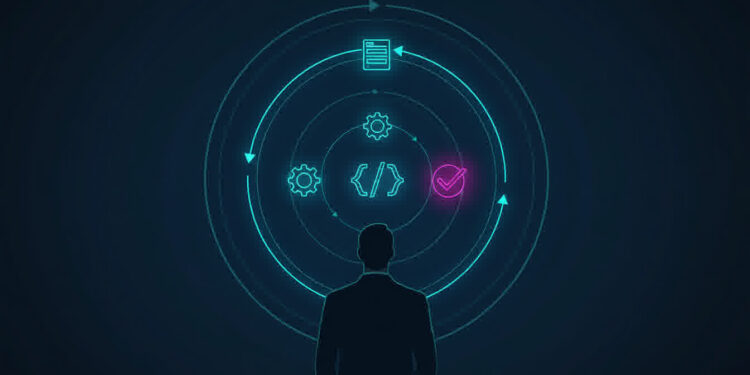 Loop engineering: capa conceitual mostrando um desenvolvedor observando loops concêntricos de agentes de IA, fundo azul-marinho com acentos em ciano e magenta