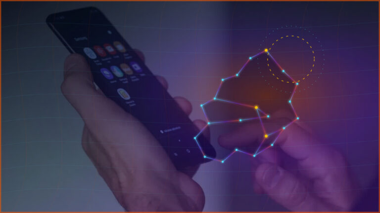 Mãos usando um smartphone com sobreposição gráfica de conexões digitais, em referência ao avanço do acesso à internet no Brasil em 2025. Imagem: IBGE/Divulgação