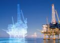 Plataforma industrial no mar ao lado de uma versão translúcida que representa seu gêmeo digital