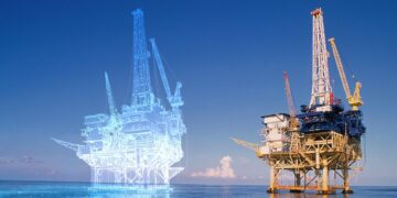 Digital Twin combina dados e modelo para representar sistemas reais 10 Plataforma industrial no mar ao lado de uma versão translúcida que representa seu gêmeo digital