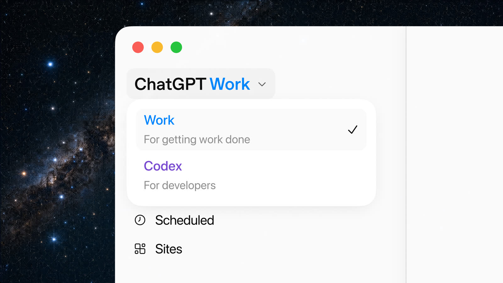 Captura do desktop do ChatGPT com menu mostrando Work, Codex, Agendadas e Sites. Imagem: OpenAI/Divulgação