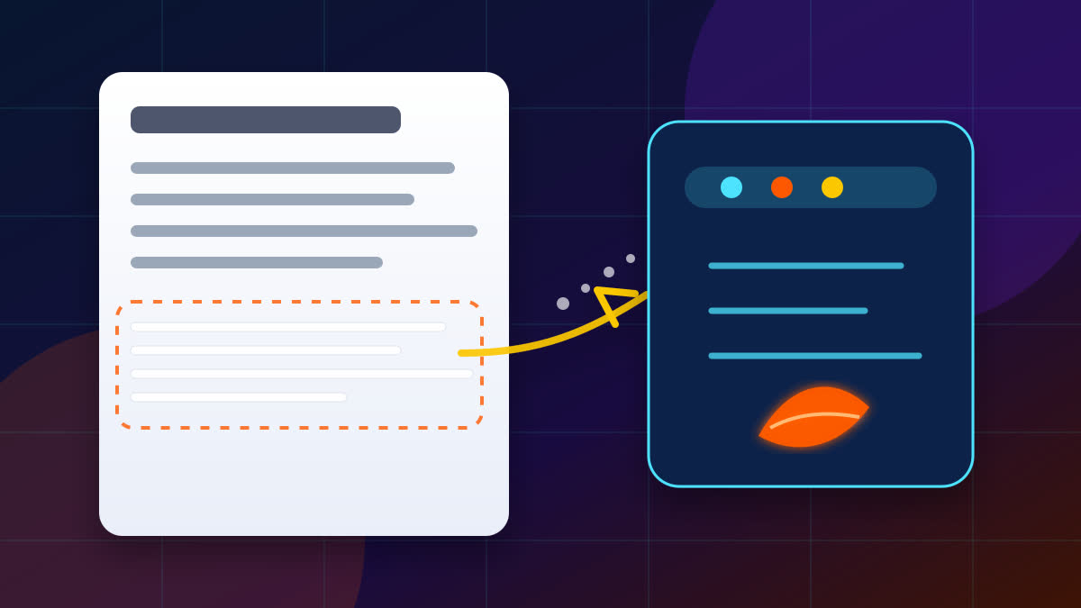 Ilustração de documento com texto oculto sendo copiado para um chatbot de IA