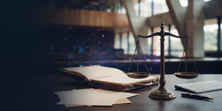 Balança da Justiça com elementos de inteligência artificial