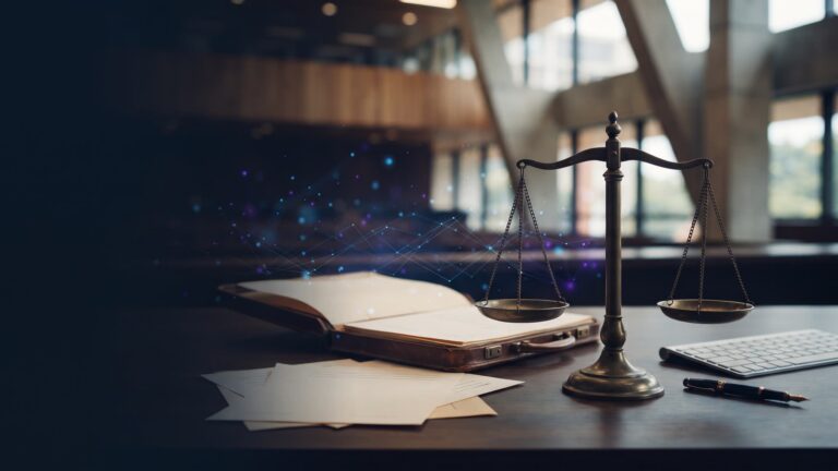 Balança da Justiça com elementos de inteligência artificial
