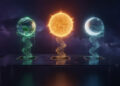 Capa editorial IA: três esferas cósmicas representando os tiers Sol, Terra e Luna do GPT-5.6, com código JavaScript luminoso orbitando um console futurista em ambiente espacial.