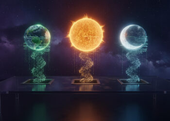 Capa editorial IA: três esferas cósmicas representando os tiers Sol, Terra e Luna do GPT-5.6, com código JavaScript luminoso orbitando um console futurista em ambiente espacial.