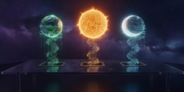 Capa editorial IA: três esferas cósmicas representando os tiers Sol, Terra e Luna do GPT-5.6, com código JavaScript luminoso orbitando um console futurista em ambiente espacial.
