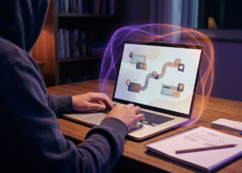 Ilustração editorial de adolescente estudando com proteção visual no laptop