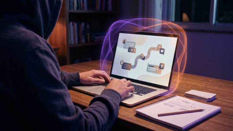 Ilustração editorial de adolescente estudando com proteção visual no laptop