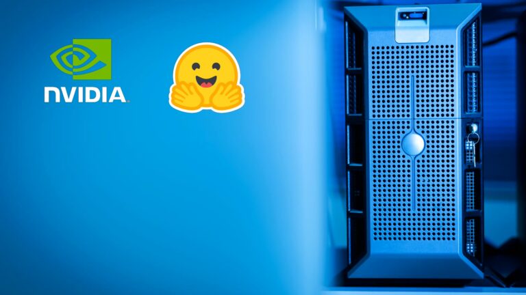 Logotipos da Nvidia e da Hugging Face diante de servidor de infraestrutura de IA
