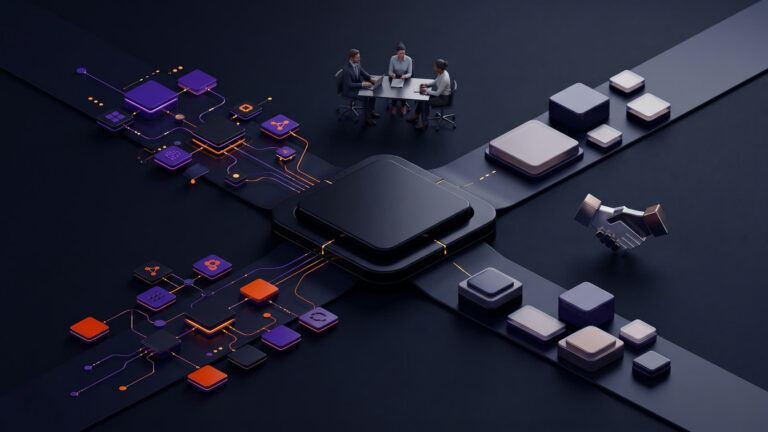 Ilustração editorial de um marketplace corporativo de IA conectando integrações, produtos e serviços