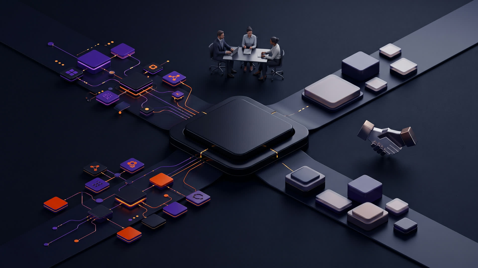 Ilustração editorial de um marketplace corporativo de IA conectando integrações, produtos e serviços