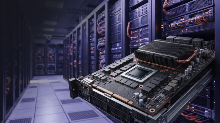 Acelerador de IA em infraestrutura de data center para ilustrar o Zhenwu V900 da Alibaba