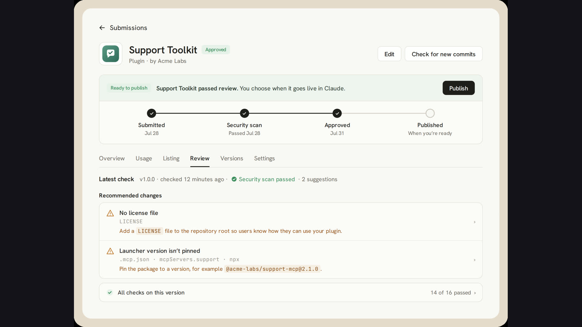 Painel de revisão e aprovação de plugin no portal da Anthropic