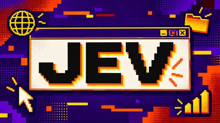 Ilustração em pixel art de uma janela digital com a palavra Jev, cercada por elementos de tecnologia e gráficos