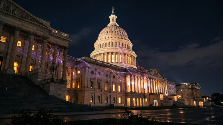 Capitólio dos Estados Unidos com conexões luminosas que representam a coordenação federal para inteligência artificial