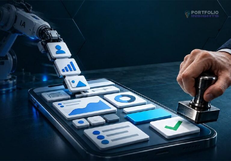Robô e mão humana manipulam cartões de interface e gráficos sobre um smartphone