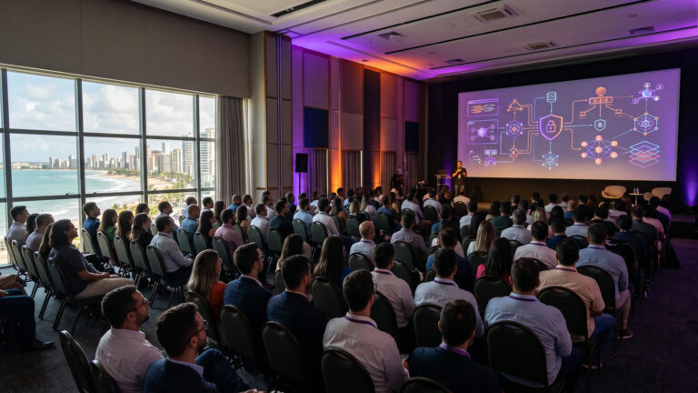 Gestores em auditório corporativo acompanham apresentação sobre governança de inteligência artificial em Fortaleza. Imagem gerada por IA.